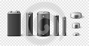 Realistic batteries. Different size and type alkaline batteries mockup, 3d isolated objects, metal and black electric elements,