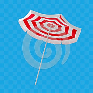 Realistic beach umbrella with red and white stripes. Vector illustration for summer design.