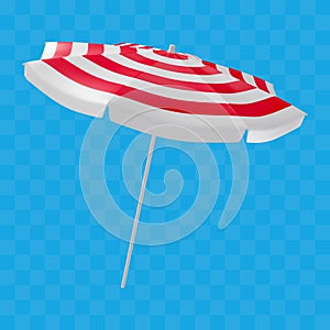 Realistic beach umbrella with red and white stripes. Vector illustration for summer design.