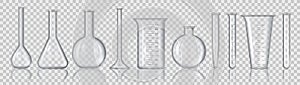 Realistic beakers and flasks. 3D empty laboratory measuring equipment, glass tubes for medicine, bottles and chemistry