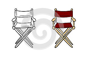 Realistic beautiful chair for cinema producer, director with red tissue elements isolated on white background. Hand drawn vector