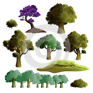 realistic beautiful trees and bushes set. Summer trees collection. Green grass, huge foliage and apple tree. Isolated on