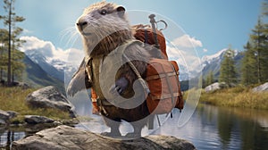 Realistic Beaver And Backpack With Lake Background - Imax Inspired