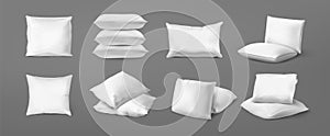 Realistic bed cushion. White bed pillows for bedroom interior, top and bottom view of cotton feather pillows, stack and