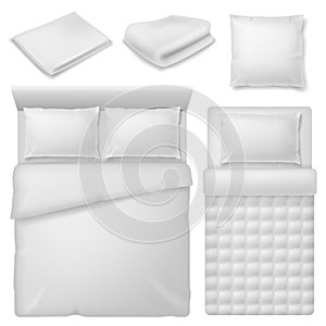 Realistic bedding. Top view bed with white bedding linen, blanket and pillows, soft cotton folded towel, bedroom home