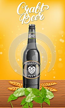 Realistic beer products ad. Vector 3d illustration. Dark craft beer bottle template design