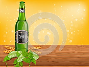 Realistic beer products ad. Vector 3d illustration. Dark craft beer bottle template design