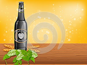 Realistic beer products ad. Vector 3d illustration. Dark craft beer bottle template design