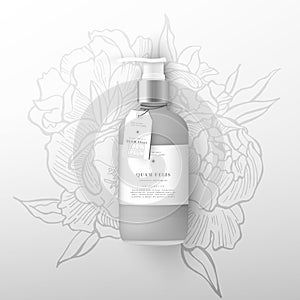 Realistic beige bottle of liquid soap. Flowers peonies background