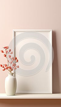 Realistic Beige Frame and Plant Vase on Matte Warm Background