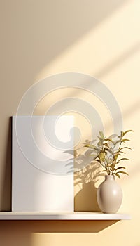 Realistic Beige Frame and Plant Vase on Matte Warm Background