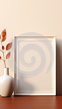 Realistic Beige Frame and Plant Vase on Matte Warm Background