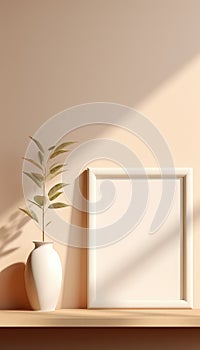 Realistic Beige Frame and Plant Vase on Matte Warm Background