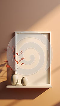 Realistic Beige Frame and Plant Vase on Matte Warm Background