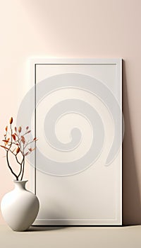 Realistic Beige Frame and Plant Vase on Matte Warm Background