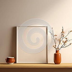 Realistic Beige Frame and Plant Vase on Matte Warm Background