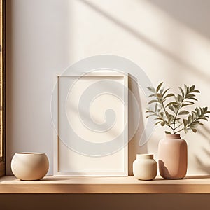 Realistic Beige Frame and Plant Vase on Matte Warm Background