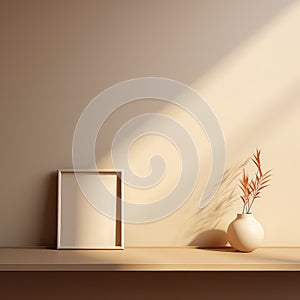 Realistic Beige Frame and Plant Vase on Matte Warm Background