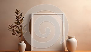 Realistic Beige Frame and Plant Vase on Matte Warm Background