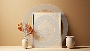 Realistic Beige Frame and Plant Vase on Matte Warm Background