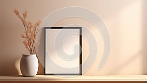 Realistic Beige Frame and Plant Vase on Matte Warm Background