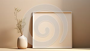 Realistic Beige Frame and Plant Vase on Matte Warm Background