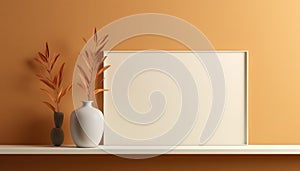 Realistic Beige Frame and Plant Vase on Matte Warm Background