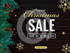 Realistic Berries Branch, Pine leaves and Snowflakes decorated Brown Wooden Background for Merry Christmas Poster design with 50%