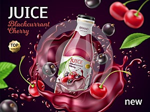 Realistic berries juice poster. Fresh cherry and blackcurrant fruit drink, flying glass bottle with liquid abstract