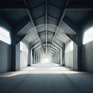 Realistic Big Abandoned Concrete Factory Hallway Garage Tunnel Clear Asphalt Concrete Floor AI Generative Illustration