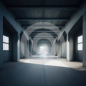 Realistic Big Abandoned Concrete Factory Hallway Garage Tunnel Win Clear Asphalt Concrete Floor AI Generative Illustration