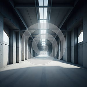 Realistic Big Abandoned Concrete Factory Hallway Garage Tunnel Windows Natural Sun Shining Clear Asphalt Concrete Floor AI