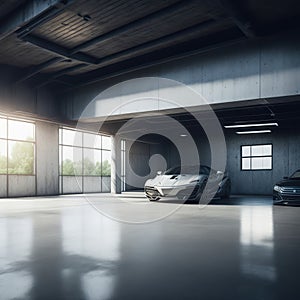Realistic Big Concrete Factory Hallway Garage Large Windows Sun Shining Futuristic Retro Speed Car Parked Clear Polished Asphalt