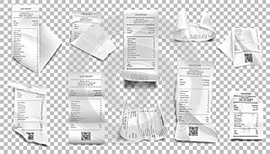 Realistic bill page. Paper receipt. Supermarket purchase invoice. Payment in shop. 3D crumpled check sheets. Pay order