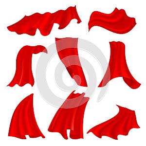 Realistic billowing red satin cloth isolated on transparent background. Fluttering fabric scarlet curtains vector set