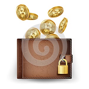 Realistic Bitcoin Wallet Vector. Brown. Cryptography Finance Coin Icons. Digital Currency. Locked With Padlock. Money