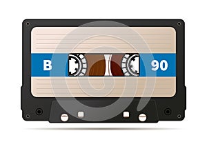 Realistic black audio cassette with magnetic tape, retro object isolated on white