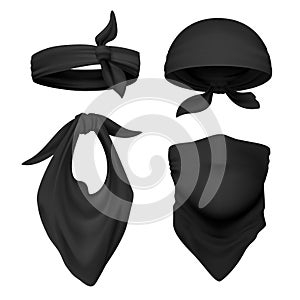 Realistic black bandana. Face buff and handkerchief isolated on white, face scarf and face bandage template. Vector head