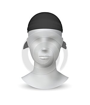 Realistic black bandana. Textile headwear on 3D white minimalistic mannequin. Modern accessory for head and hair