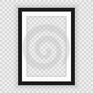 Realistic Black Blank Picture frame, hanging on a White Wall from the Front. Design Template for Mock Up. Vector illustration