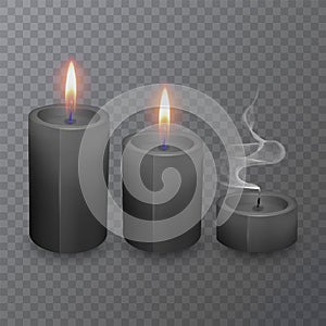 Realistic black candles, Burning candles and extinguished candles on dark background, vector illustration
