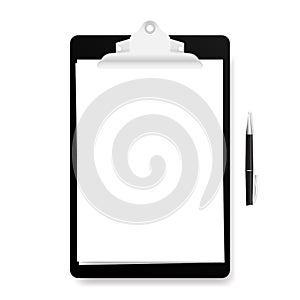 Realistic black clipboard with white empty page and pen isolated on white background. Vector illustration.