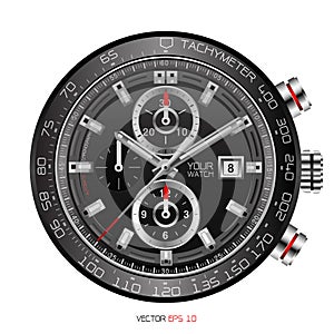 Realistic black clock face wristwatch chronograph stainless steel clockwise red white fashion for men design luxury isolated vecto