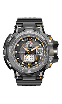 Realistic black clock watch sport chronograph digital for men design modern on white background vector