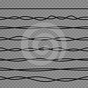 Realistic black curved electric wires and industrial power cables. 3d flexible network rubber insulated wire