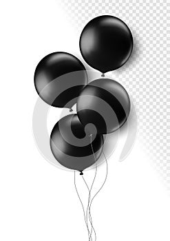 Realistic black 3d balloons isolated on transparent background. Air balloons for Birthday parties, celebrate anniversary