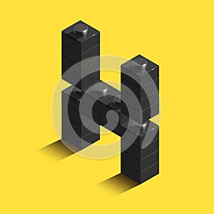 Realistic black 3d isometric letter of the alphabet from constructor bricks. Black 3d isometric plastic letter from the building b