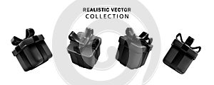 Realistic black gifts boxes set. 3d illustration Black Friday gift boxes with black bows and ribbons. Festive decorative