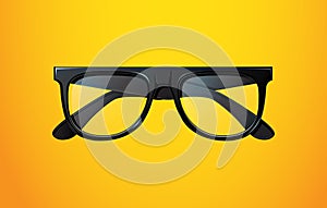 Realistic black glasses on yellow background.