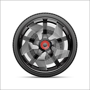 Realistic black gray car wheel alloy kevlar with tire style sport race on white background vector